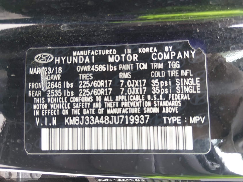 2018 Hyundai Tucson VIN KM8J33A48JU719937 IAAI salvage auction — FRONT END, Original (Texas), sold $3,450 on 2026-07-21 (photo 9)