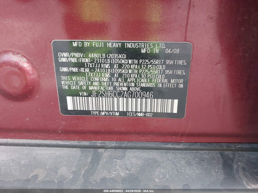2010 Subaru Forester VIN JF2SH6CC2AG700946 IAAI salvage auction — REAR END, Salvage (Hawaii), sold $25 on 2026-07-21 (photo 9)