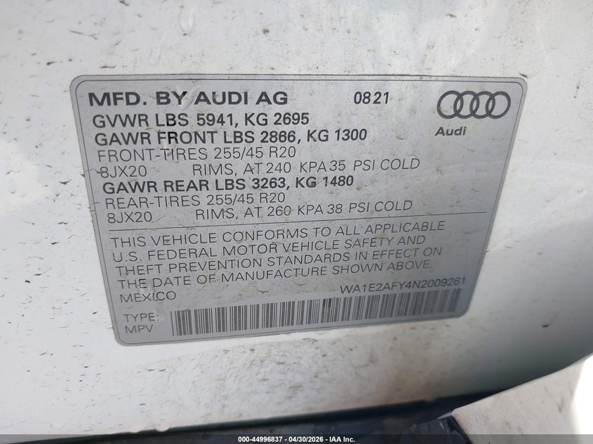 2022 Audi Q5 VIN WA1E2AFY4N2009261 IAAI salvage auction — REAR END, Salvage (California), sold $10,950 on 2026-07-29 (photo 9)