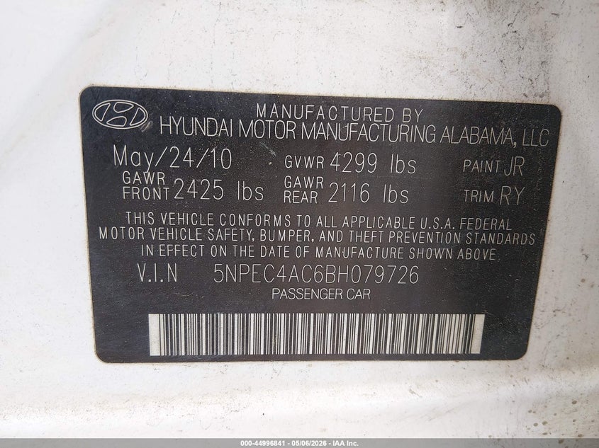 2011 Hyundai Sonata VIN 5NPEC4AC6BH079726 IAAI salvage auction — NORMAL WEAR, Clear (Oklahoma), sold $125 on 2026-07-29 (photo 9)