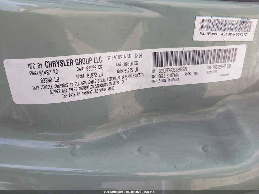 2014 Fiat 500 VIN 3C3CFFAR3ET283021 IAAI salvage auction — FRONT END, Salvage (Texas), sold $275 on 2026-08-03 (photo 9)