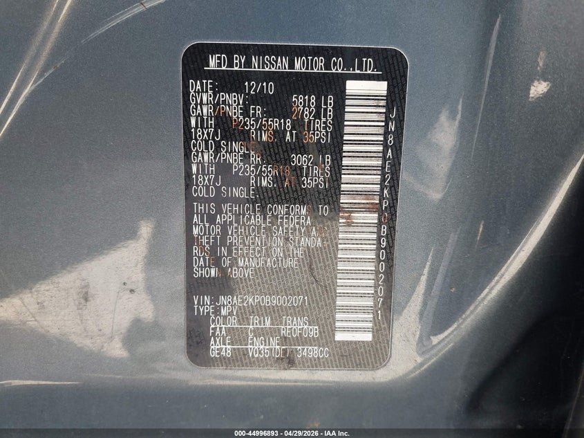 2011 Nissan Quest VIN JN8AE2KP0B9002071 IAAI salvage auction — NORMAL WEAR, Salvage (Texas), sold $375 on 2026-07-29 (photo 9)