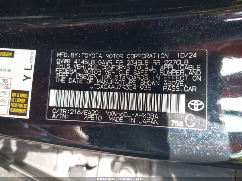 2024 Toyota Prius VIN JTDACAAU7R3041935 IAAI salvage auction — REAR END, Salvage (Iowa), sold $11,750 on 2026-07-06 (photo 9)