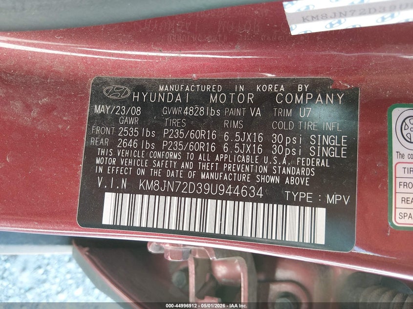2009 Hyundai Tucson VIN KM8JN72D39U944634 IAAI salvage auction — HAIL, Salvage (Missouri), sold $500 on 2026-07-06 (photo 9)