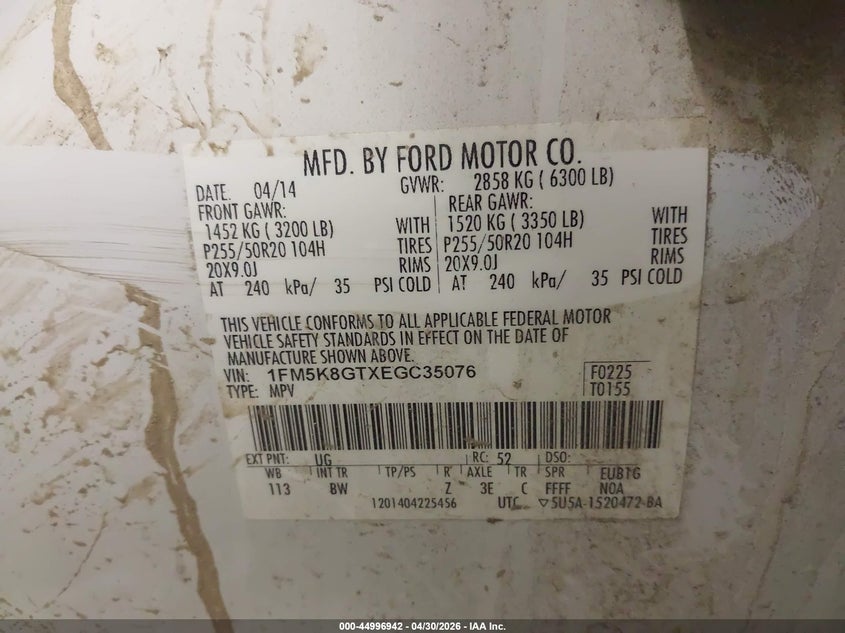 2014 Ford Explorer VIN 1FM5K8GTXEGC35076 IAAI salvage auction — FRONT END, Prior Salvage (Minnesota), sold $1,700 on 2026-07-09 (photo 9)