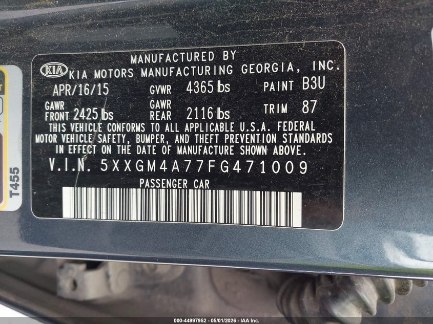 2015 Kia Optima VIN 5XXGM4A77FG471009 IAAI salvage auction — FRONT & REAR, Wait Title, sold $550 on 2026-07-06 (photo 9)
