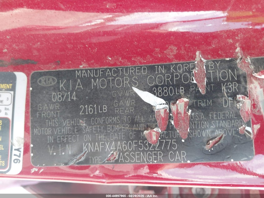 2015 Kia Forte VIN KNAFX4A60F5322775 IAAI salvage auction — FRONT END, Salvage Title, sold $300 on 2026-07-17 (photo 9)
