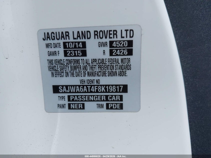 2015 Jaguar F-type VIN SAJWA6AT4F8K19817 IAAI salvage auction — FRONT END, Salvage Title, sold $7,025 on 2026-07-16 (photo 9)
