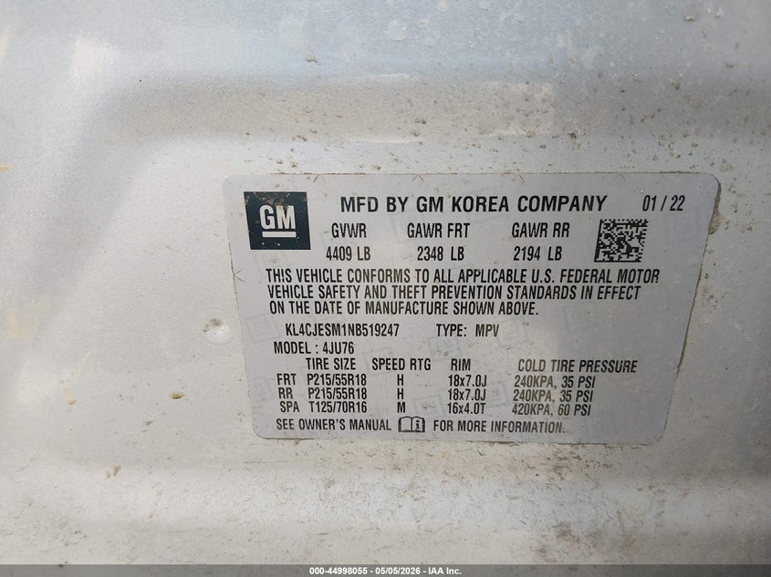 2022 Buick Encore VIN KL4CJESM1NB519247 IAAI salvage auction — FRONT END, Salvage (West Virginia), sold $2,600 on 2026-07-19 (photo 9)