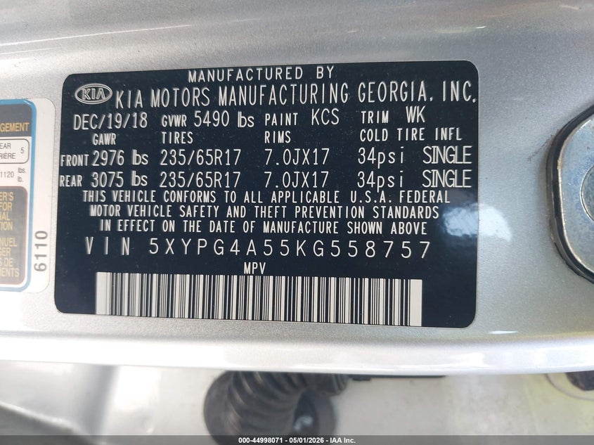 2019 Kia Sorento VIN 5XYPG4A55KG558757 IAAI salvage auction — RIGHT SIDE, Mv-907A (New York), sold $2,000 on 2026-07-29 (photo 9)
