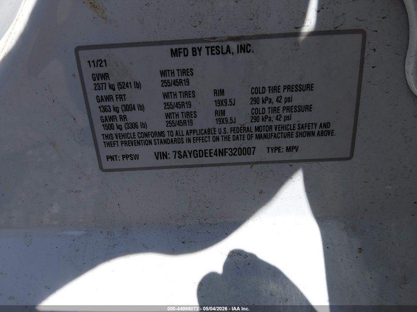2022 Tesla Model y VIN 7SAYGDEE4NF320007 IAAI salvage auction — THEFT, Salvage (South Carolina), sold $25 on 2026-07-28 (photo 9)