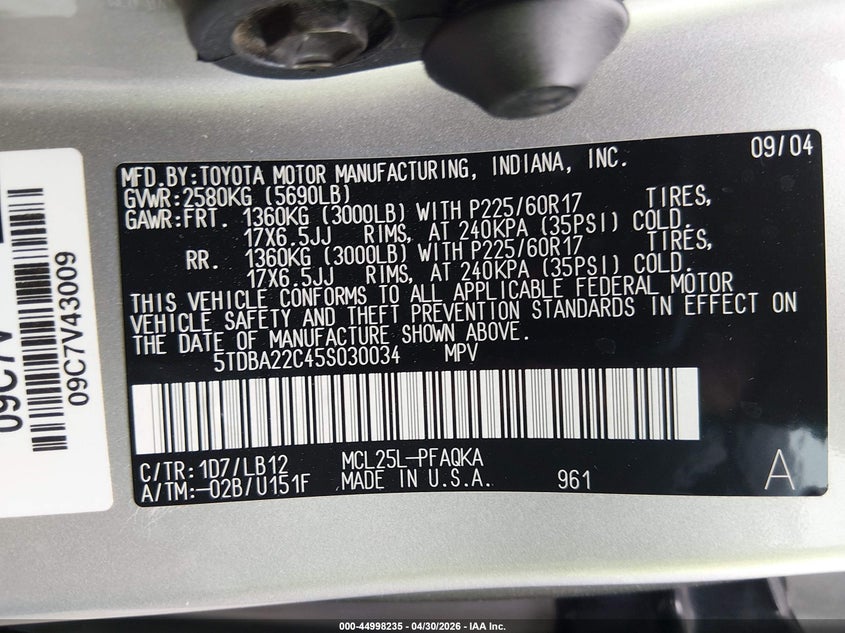 2005 Toyota Sienna VIN 5TDBA22C45S030034 IAAI salvage auction — FRONT END, Salvage (Colorado), sold $1,200 on 2026-07-09 (photo 9)