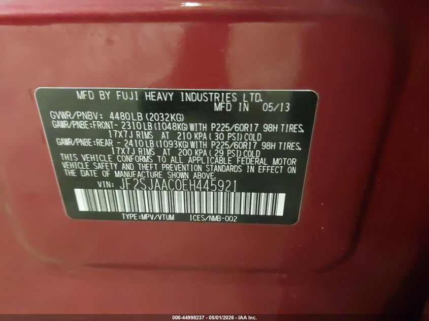 2014 Subaru Forester VIN JF2SJAAC0EH445921 IAAI salvage auction — FRONT END, Wait Title, sold $400 on 2026-07-14 (photo 9)