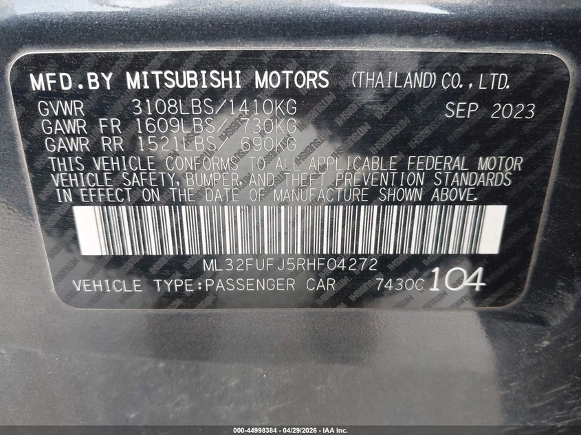 2024 Mitsubishi Mirage VIN ML32FUFJ5RHF04272 IAAI salvage auction — FRONT END, Salvage (Maine), sold $2,300 on 2026-07-13 (photo 9)