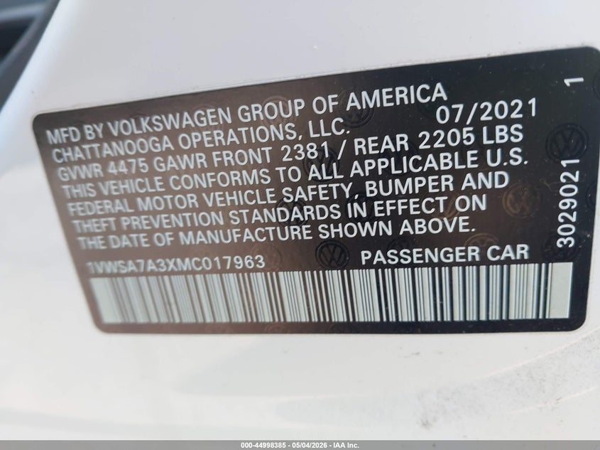 2021 Volkswagen Passat VIN 1VWSA7A3XMC017963 IAAI salvage auction — REAR END, Salvage Title, sold $5,900 on 2026-07-08 (photo 9)
