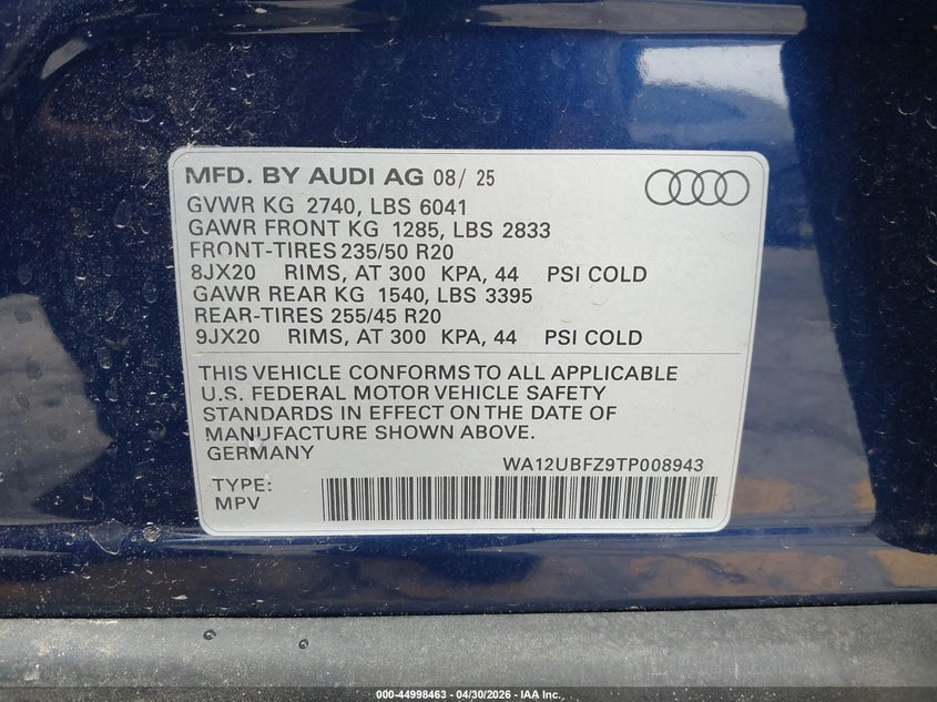 2026 Audi Q4 sportback e-tron VIN WA12UBFZ9TP008943 IAAI salvage auction — LEFT SIDE, Clear (Michigan), sold $22,200 on 2026-07-30 (photo 9)