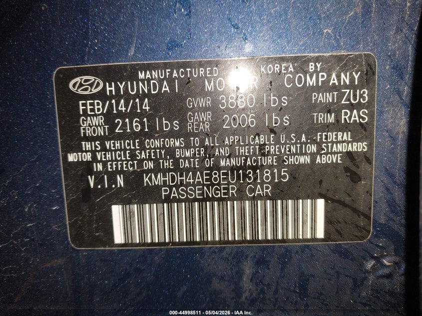 2014 Hyundai Elantra VIN KMHDH4AE8EU131815 IAAI salvage auction — RIGHT SIDE, Salvage (Maine), sold $500 on 2026-07-20 (photo 9)