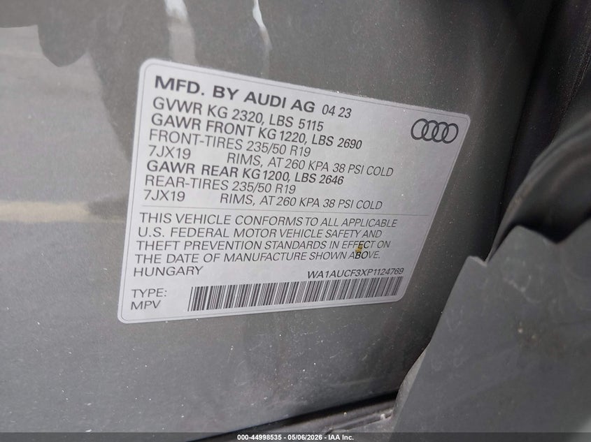 2023 Audi Q3 VIN WA1AUCF3XP1124769 IAAI salvage auction — LEFT SIDE, Rebuildable (Florida), sold $6,500 on 2026-08-01 (photo 9)