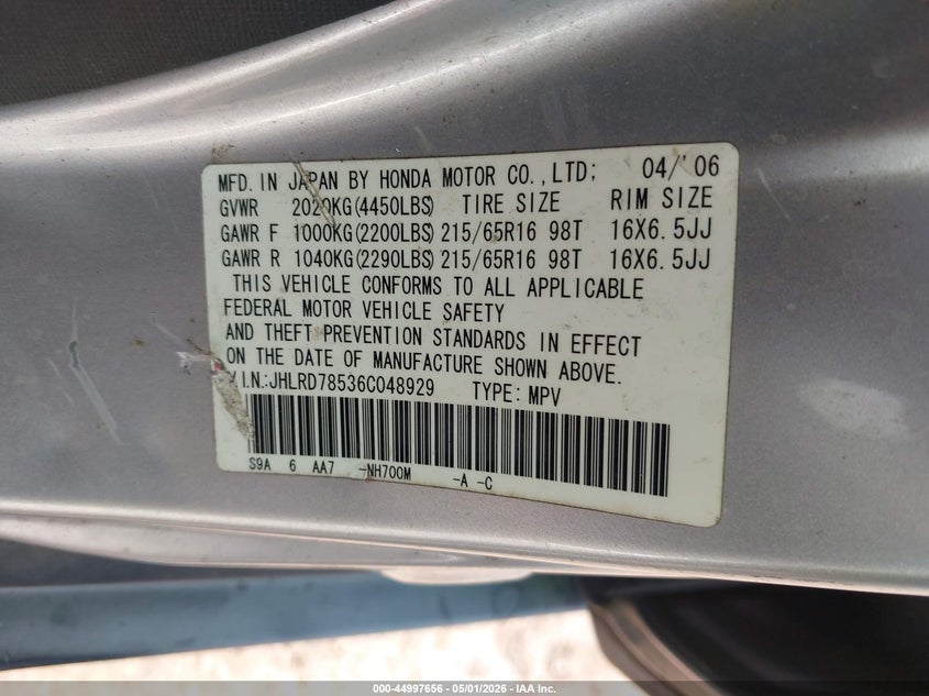 2006 Honda Cr-v VIN JHLRD78536C048929 IAAI salvage auction — NORMAL WEAR, Bill Of Sale (Hawaii), sold $100 on 2026-07-28 (photo 9)