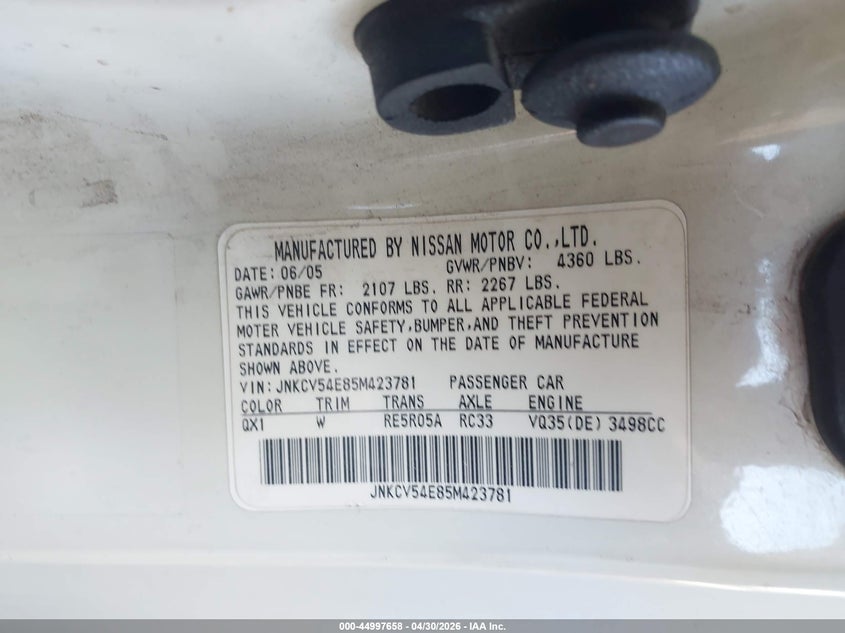 2005 Infiniti G35 VIN JNKCV54E85M423781 IAAI salvage auction — NORMAL WEAR, Clear (Arizona), sold $450 on 2026-07-07 (photo 9)