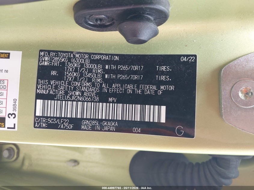 2022 Toyota 4runner VIN JTELU5JR2N6066738 IAAI salvage auction — FRONT END, Salvage (Vermont), sold $21,600 on 2026-07-16 (photo 9)