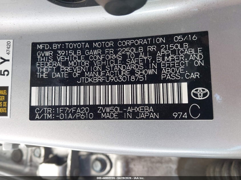 2016 Toyota Prius VIN JTDKBRFU9G3018751 IAAI salvage auction — RIGHT FRONT, Wait Title, sold $25 on 2026-07-22 (photo 9)