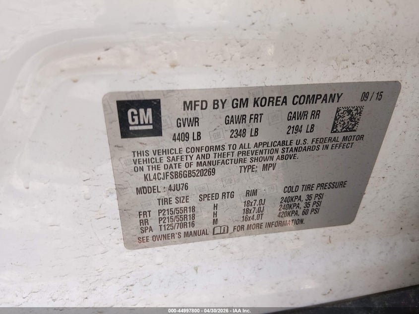2016 Buick Encore VIN KL4CJFSB6GB520269 IAAI salvage auction — FRONT & REAR, Salvage (Ohio), sold $650 on 2026-07-29 (photo 9)
