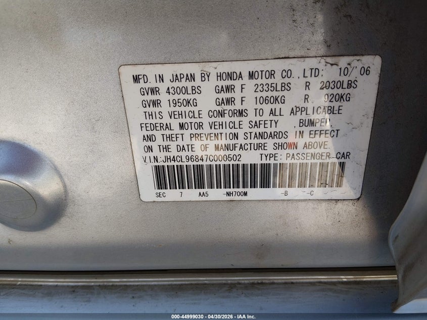 2007 Acura Tsx VIN JH4CL96847C000502 IAAI salvage auction — REAR END, Salvage (Alabama), sold $900 on 2026-07-20 (photo 9)