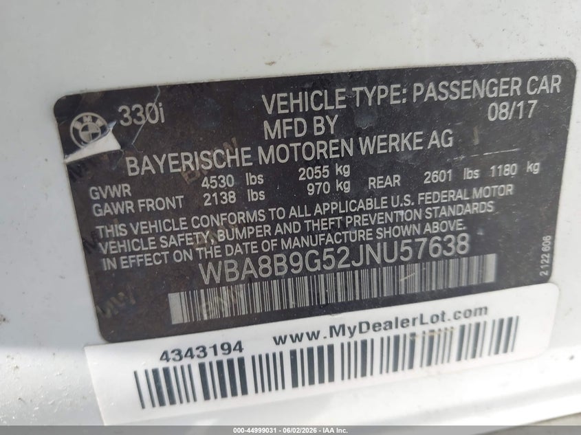 2018 BMW 3er VIN WBA8B9G52JNU57638 IAAI salvage auction — LEFT REAR, Salvage Title, sold $3,550 on 2026-07-29 (photo 9)