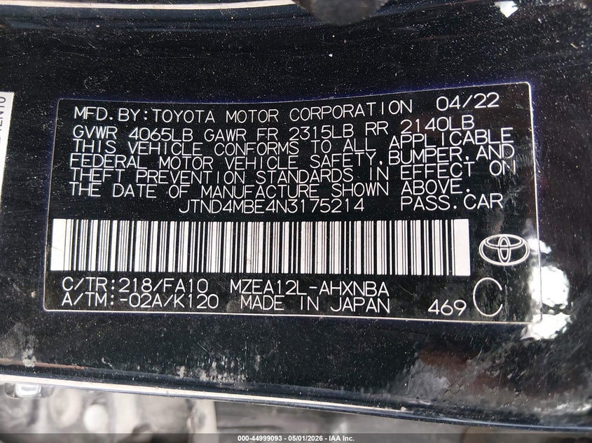 2022 Toyota Corolla VIN JTND4MBE4N3175214 IAAI salvage auction — LEFT SIDE, Salvage (West Virginia), sold $5,925 on 2026-07-16 (photo 9)