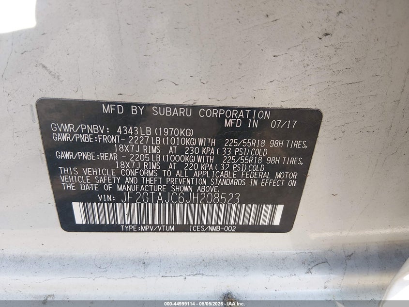 2018 Subaru Xv VIN JF2GTAJC6JH208523 IAAI salvage auction — SIDE, Salvage (New Jersey), sold $3,550 on 2026-07-26 (photo 9)
