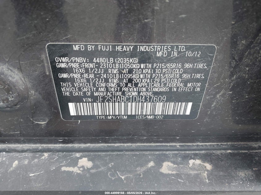 2013 Subaru Forester VIN JF2SHABC1DH437609 IAAI salvage auction — HAIL, Salvage (Iowa), sold $775 on 2026-07-21 (photo 9)