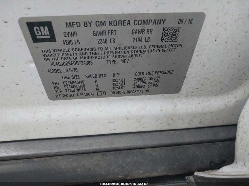 2016 Buick Encore VIN KL4CJCSB6GB724388 IAAI salvage auction — RIGHT FRONT, Salvage (Ohio), sold $950 on 2026-07-13 (photo 9)