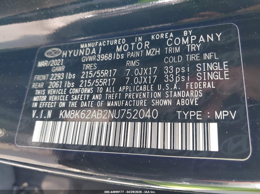 2022 Hyundai Kona VIN KM8K62AB2NU752040 IAAI salvage auction — ROLLOVER, Salvage (North Carolina), sold $650 on 2026-07-22 (photo 9)