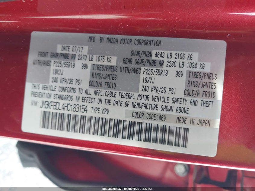 2017 Mazda Cx-5 VIN JM3KFBDL4H0183154 IAAI salvage auction — REAR END, Salvage (Illinois), sold $5,200 on 2026-07-13 (photo 9)