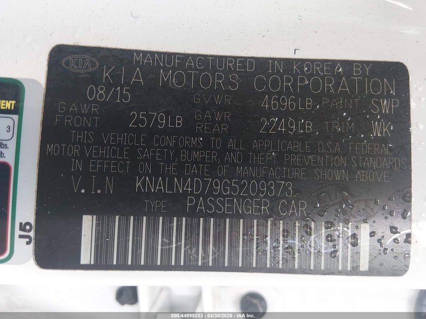 2016 Kia Cadenza VIN KNALN4D79G5209373 IAAI salvage auction — RIGHT FRONT, Salvage (South Carolina), sold $825 on 2026-08-01 (photo 9)