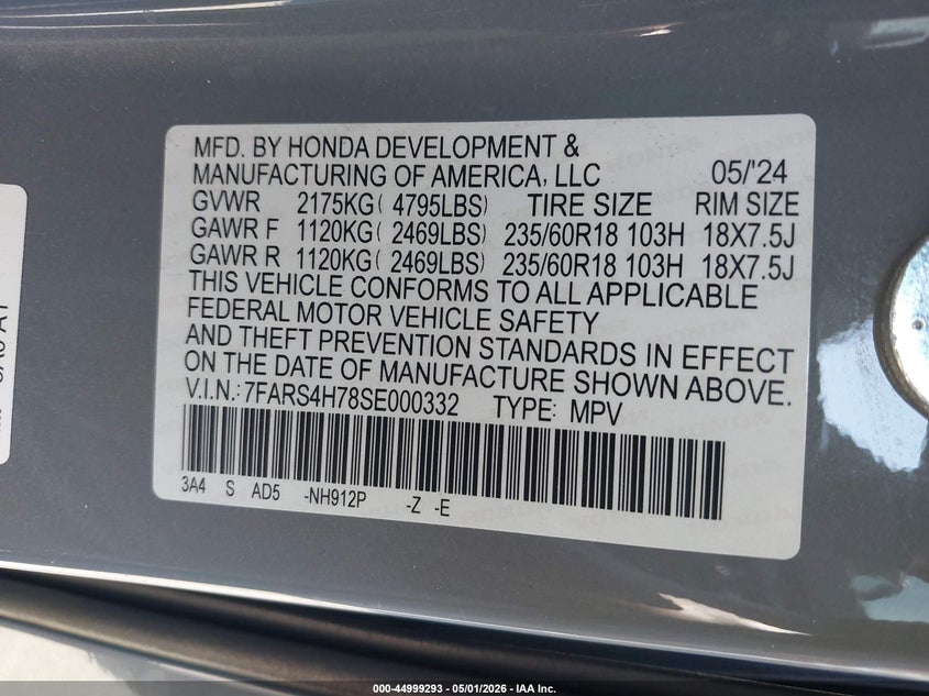 2025 Honda Cr-v VIN 7FARS4H78SE000332 IAAI salvage auction — SIDE, Mv-907A (New York), sold $11,600 on 2026-08-02 (photo 9)