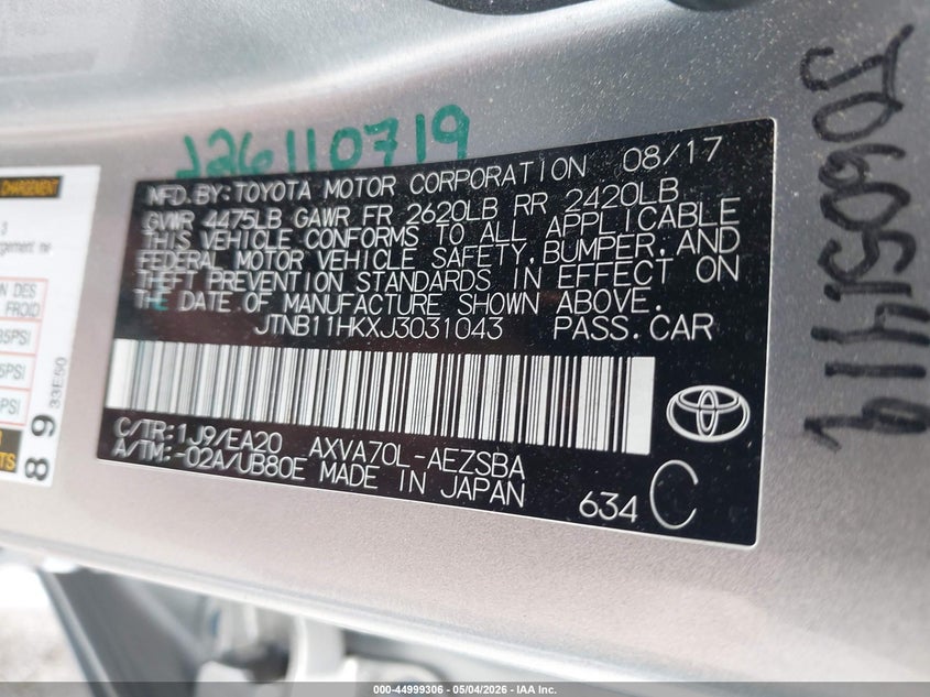 2018 Toyota Camry VIN JTNB11HKXJ3031043 IAAI salvage auction — RIGHT REAR, Clear (Indiana), sold $5,700 on 2026-07-28 (photo 9)