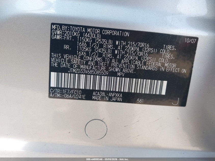 2008 Toyota Rav 4 VIN JTMZD33V685085509 IAAI salvage auction — FRONT END, Salvage - Greater Than 75% (Maryland), sold $1,050 on 2026-07-27 (photo 9)
