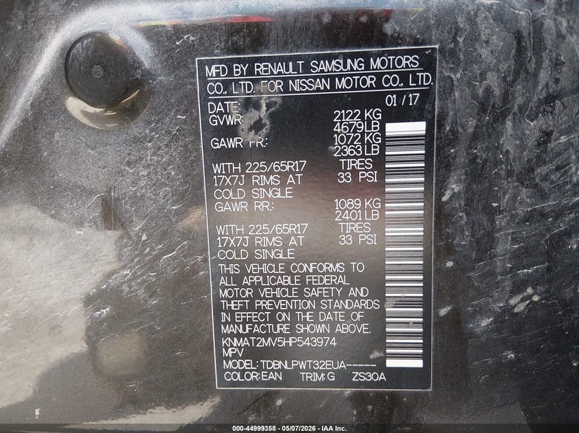 2017 Nissan Rogue VIN KNMAT2MV5HP543974 IAAI salvage auction — HAIL, Salvage (Iowa), sold $2,075 on 2026-07-21 (photo 9)