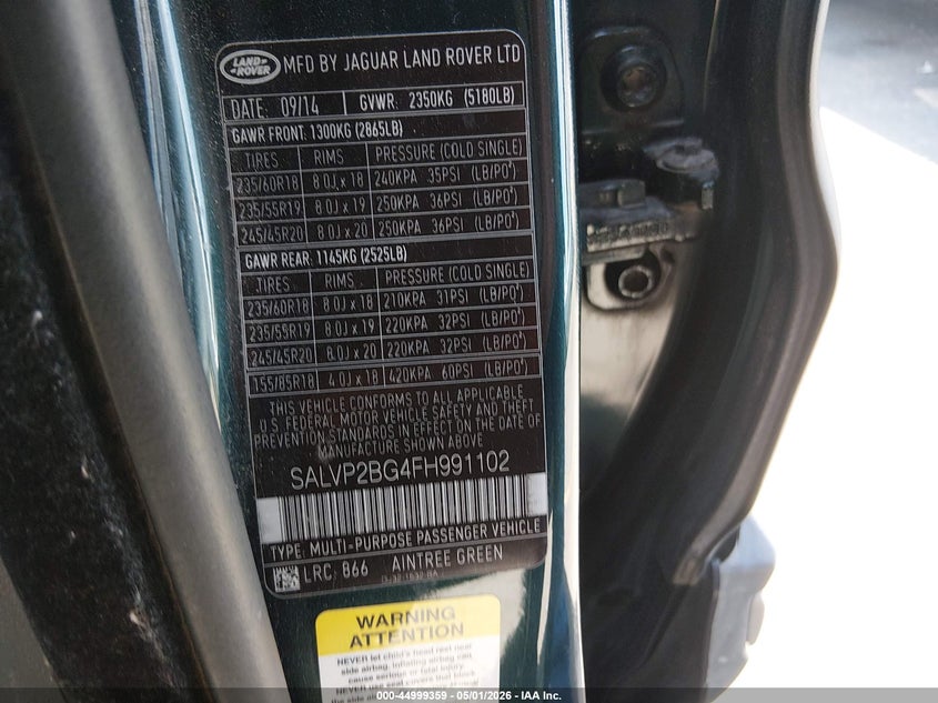 2015 Land rover Range rover evoque VIN SALVP2BG4FH991102 IAAI salvage auction — REAR END, Salvage (Colorado), sold $625 on 2026-10-07 (photo 9)