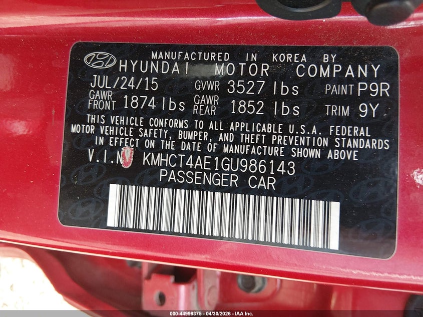 2016 Hyundai Accent VIN KMHCT4AE1GU986143 IAAI salvage auction — REAR END, Clear (Arkansas), sold $1,825 on 2026-07-30 (photo 9)
