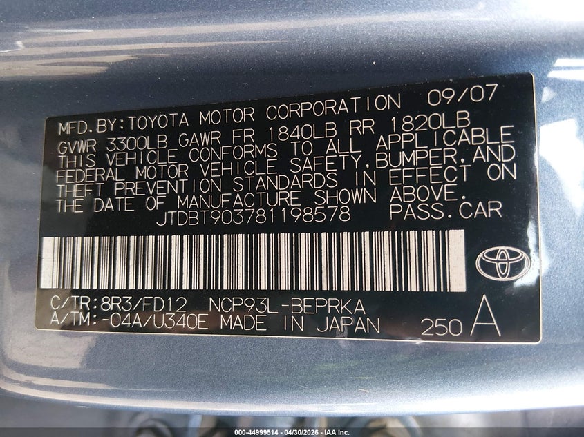 2008 Toyota Yaris VIN JTDBT903781198578 IAAI salvage auction — FRONT END, Salvage - Greater Than 75% (Maryland), sold $725 on 2026-07-15 (photo 9)
