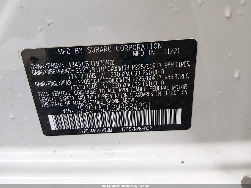 2021 Subaru Xv VIN JF2GTAEC9M8684201 IAAI salvage auction — SIDE, Salvage (West Virginia), sold $4,250 on 2026-07-18 (photo 9)