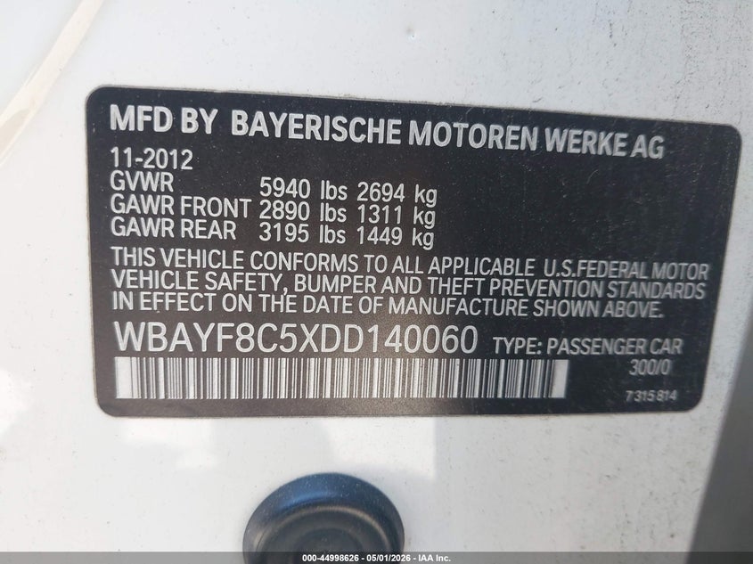 2013 BMW 7er VIN WBAYF8C5XDD140060 IAAI salvage auction — FRONT & REAR, Salvage (Pennsylvania), sold $1,600 on 2026-07-07 (photo 9)