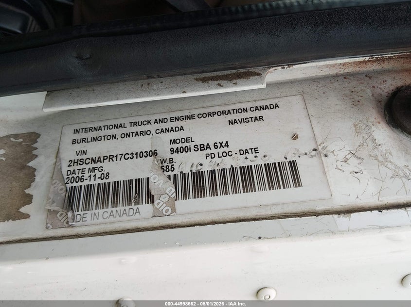 2007 International 9000-series VIN 2HSCNAPR17C310306 IAAI salvage auction — REPOSSESSION, Clear (South Carolina), sold $950 on 2026-07-08 (photo 8)