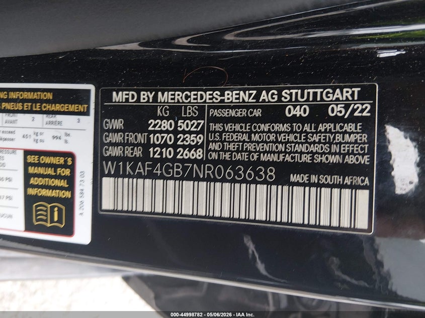 2022 Mercedes-benz C-klasse VIN W1KAF4GB7NR063638 IAAI salvage auction — ALL OVER, Salvage (Louisiana), sold $5,400 on 2026-07-21 (photo 9)