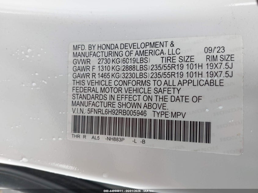 2024 Honda Odyssey VIN 5FNRL6H92RB005946 IAAI salvage auction — WATER/FLOOD, Salvage (Mississippi), sold $8,100 on 2026-07-29 (photo 9)
