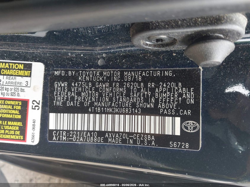 2019 Toyota Camry VIN 4T1B11HK3KU683143 IAAI salvage auction — FRONT & REAR, Salvage (Virginia), sold $5,000 on 2026-07-10 (photo 9)