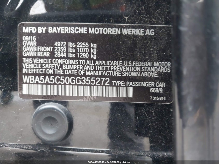 2016 BMW 5er VIN WBA5A5C50GG355272 IAAI salvage auction — RIGHT SIDE, Original (Texas), sold $3,550 on 2026-07-22 (photo 9)
